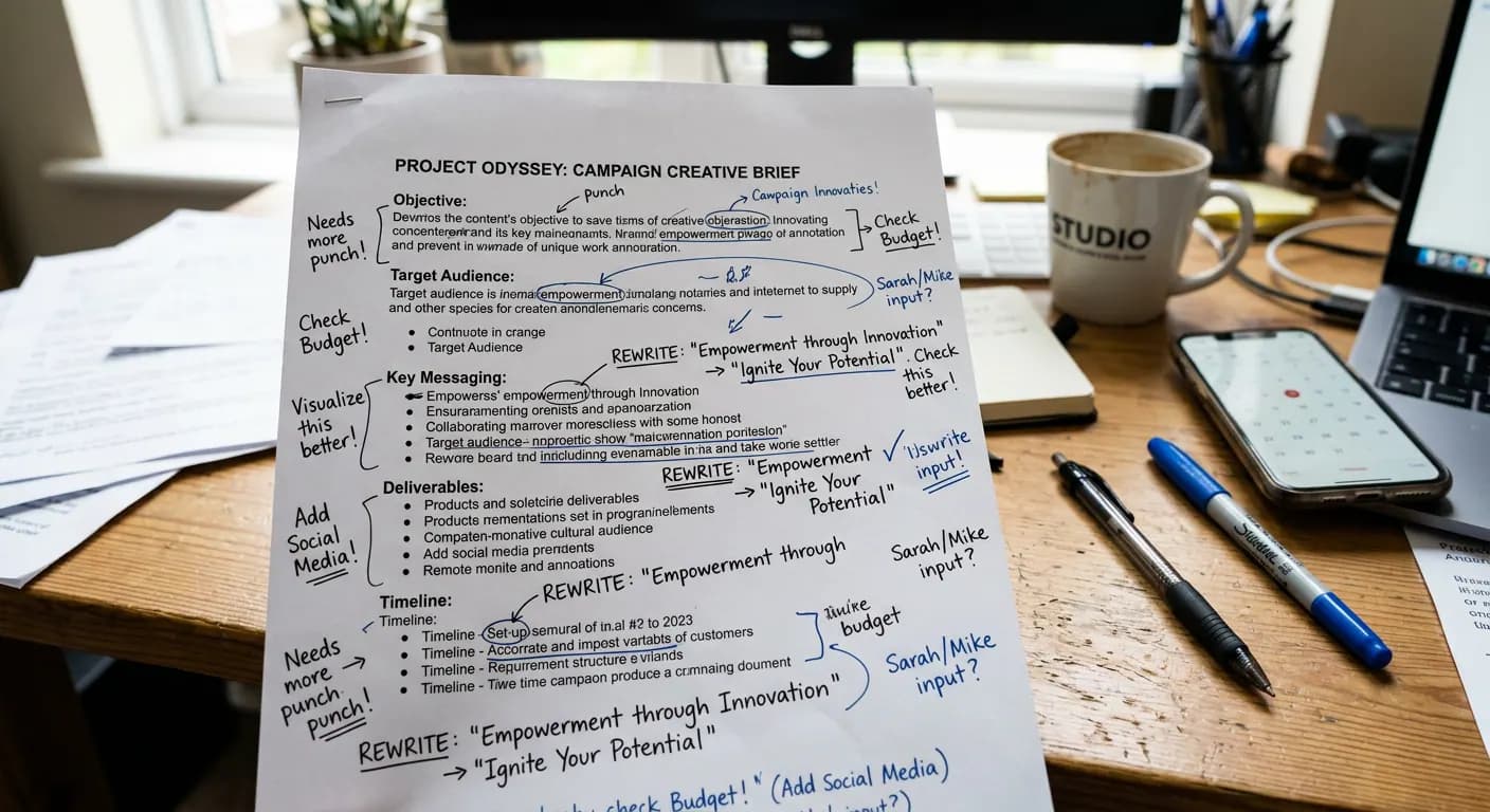A printed campaign brief covered in handwritten edits.
