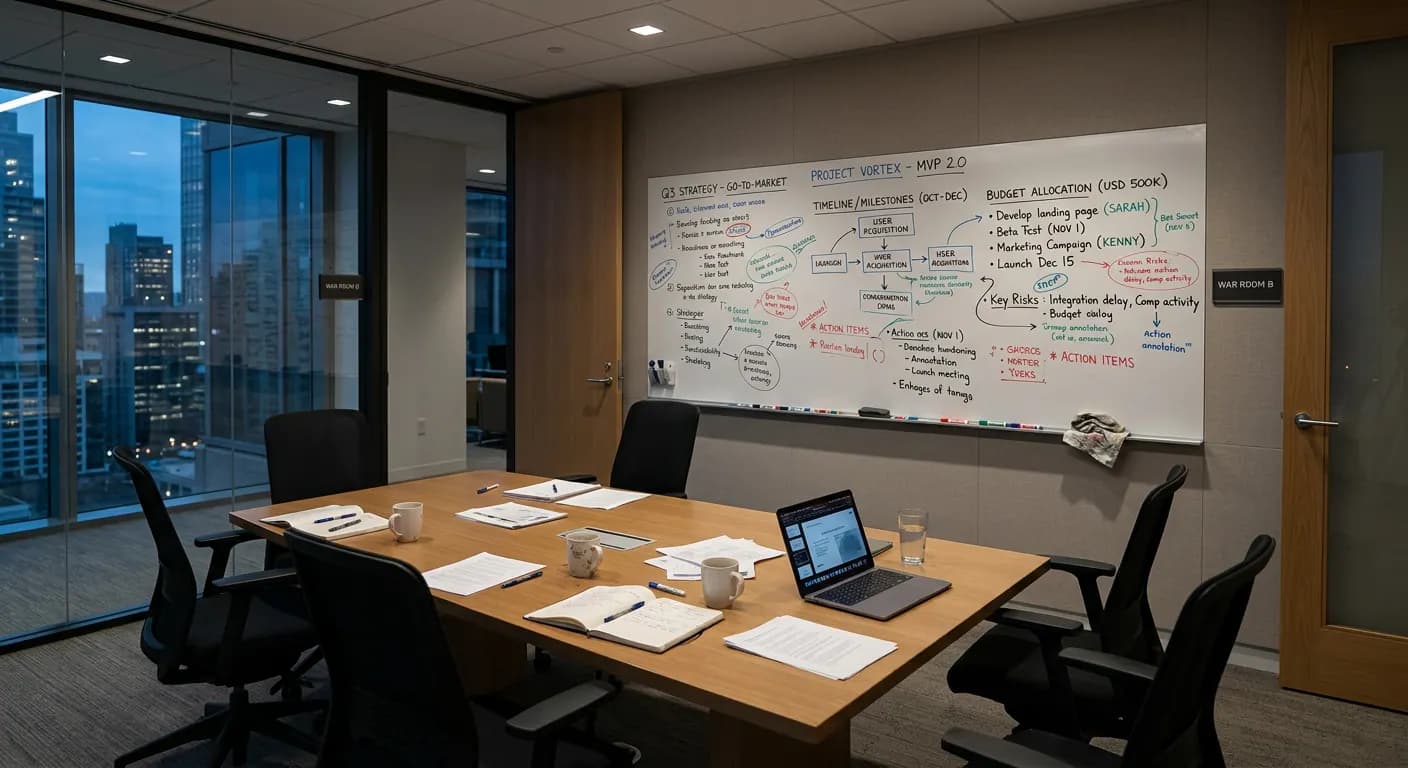 A meeting room with a whiteboard full of notes and a city view.