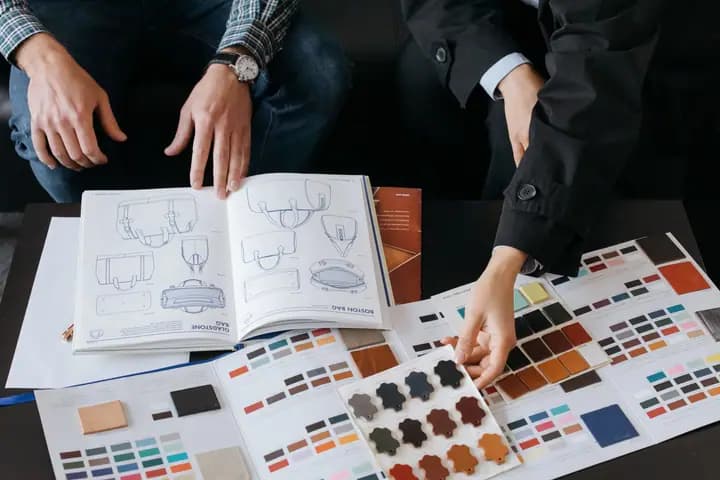 Hands over a sketchbook of product drawings and colour swatches.