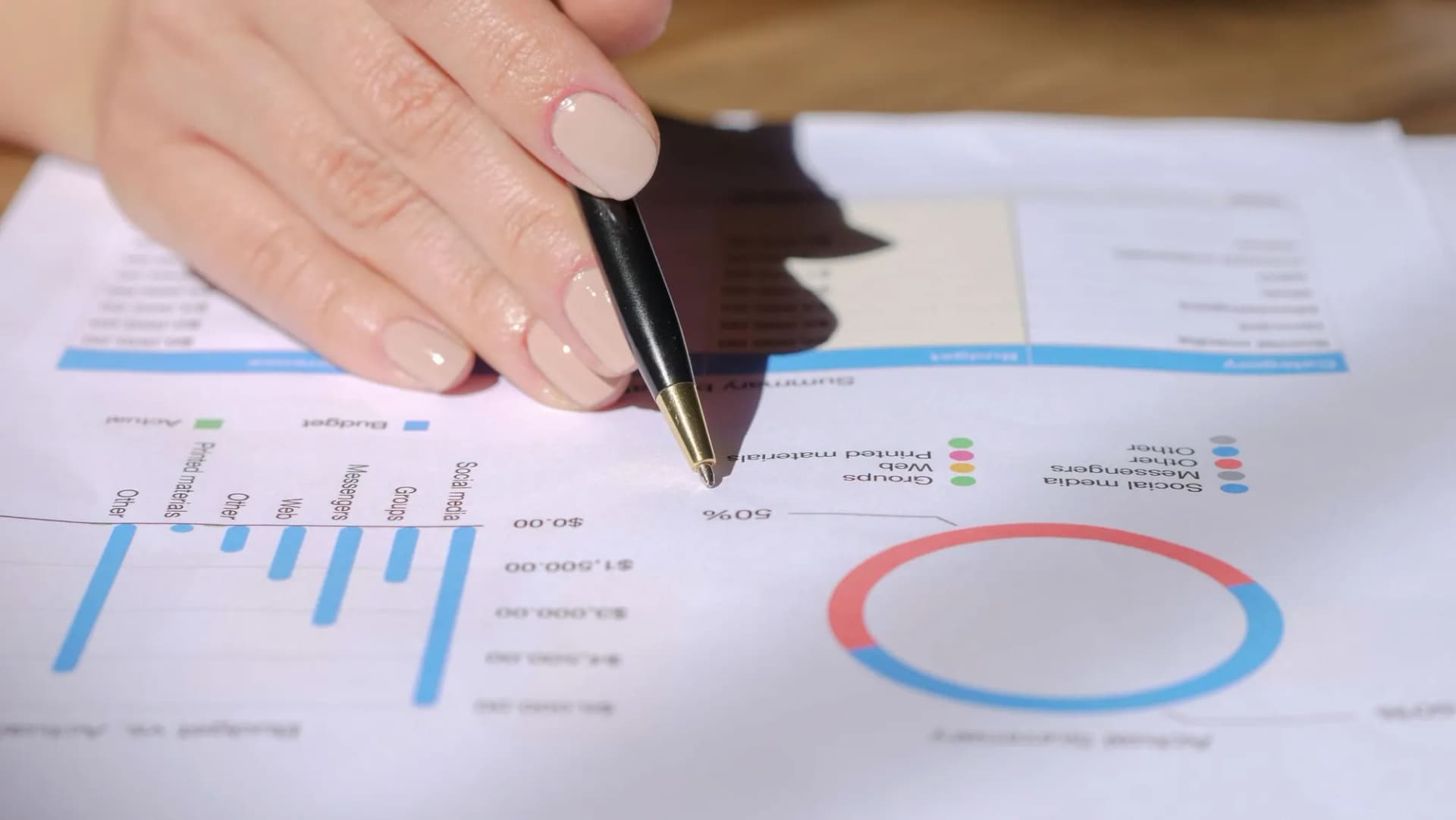 A hand with a pen annotating printed bar charts.