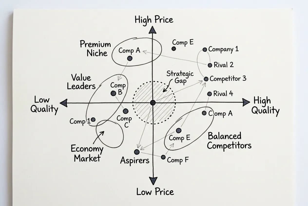 A hand-drawn positioning map plotting competitors on price against quality.
