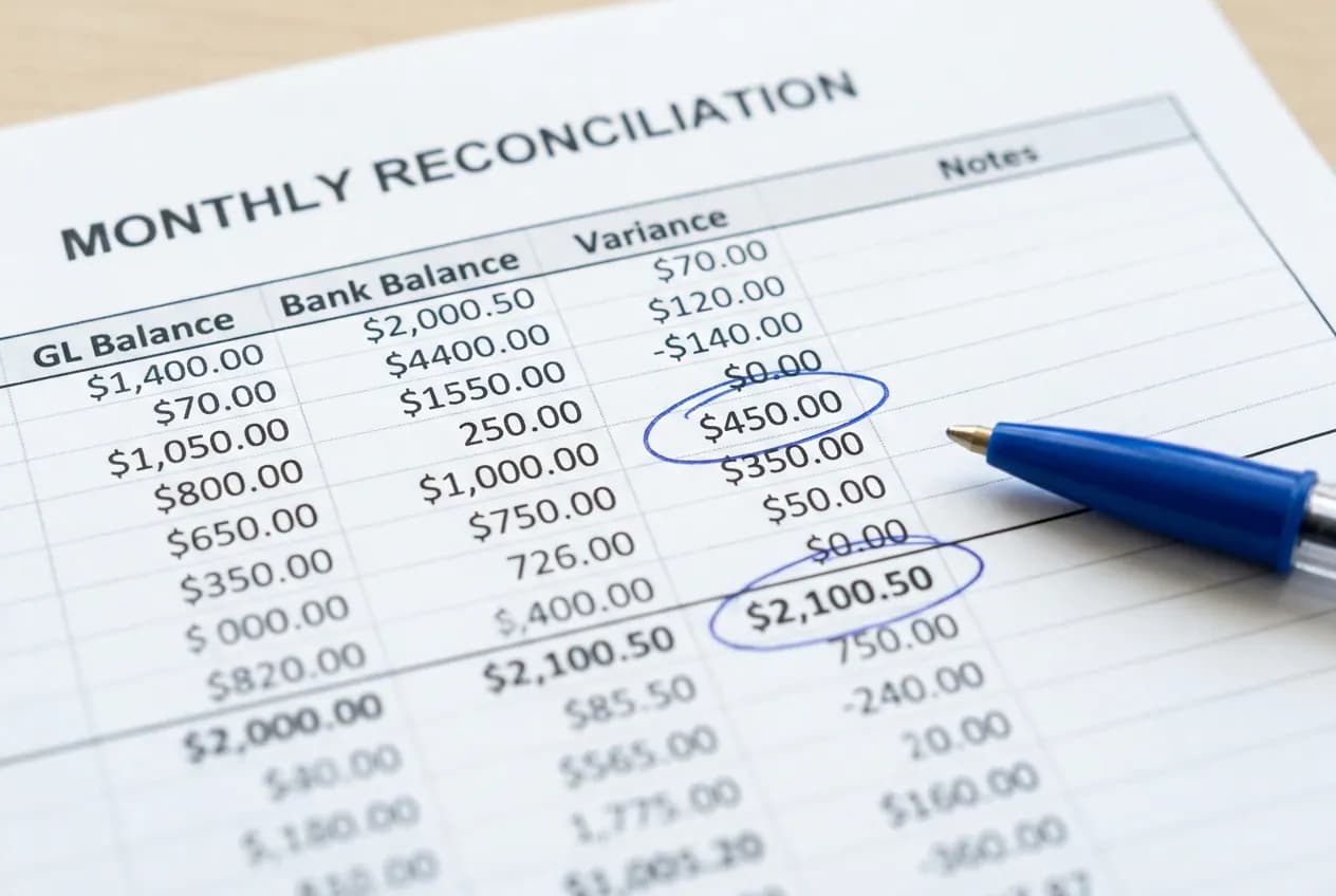 A printed monthly reconciliation with two variances circled in blue pen.