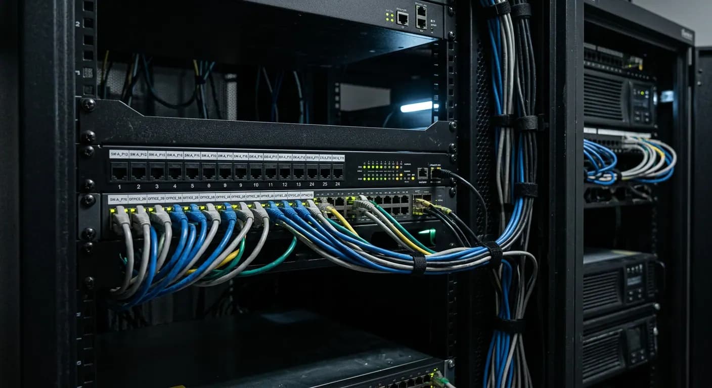 A server rack with network cables patched into switches.